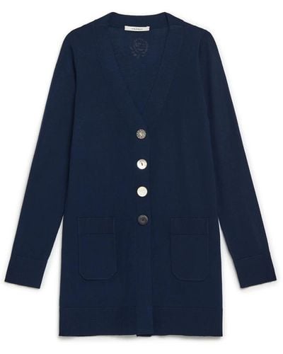 Maliparmi Cardigan in pura lana merino con scollo a v e grosgrain a contrasto - Blu