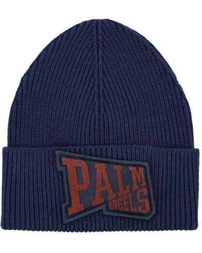 Palm Angels Marineblaue rippstrick-beanie mit logo-stickerei
