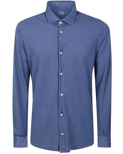 Fedeli Leichtes piquet langarm baumwollhemd,langärmeliges baumwollhemd mit kragen - Blau
