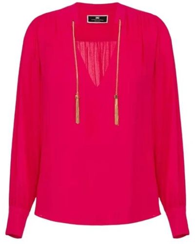Elisabetta Franchi Fuchsia Georgette V-Ausschnitt Shirt mit bestickten Ösen - Pink