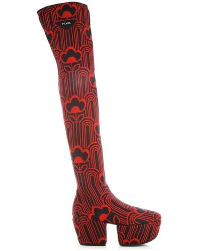 Prada Botas sobre la rodilla bordadas en jaquard - Rojo