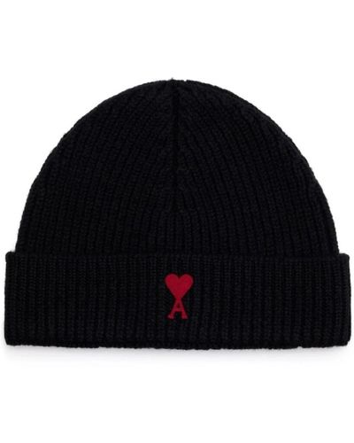 Ami Paris Cappello nero a coste in maglia con ricamo del logo