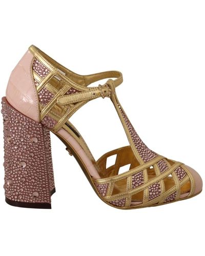 Dolce & Gabbana Pink Gold Leather Crystal Pumps T-Riemen-Schuhe - Mehrfarbig