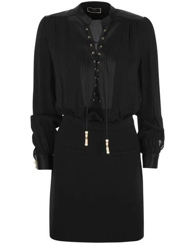 Elisabetta Franchi Blusa georgette mini-vestido con bib brillante - Negro
