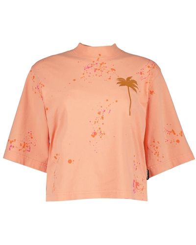 Palm Angels Bemaltes t-shirt mit rundhalsausschnitt und dreiviertelärmeln - Orange