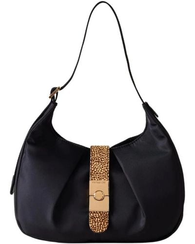 Borbonese Cortina hobo small - fabric leather shoulder bag - Nero