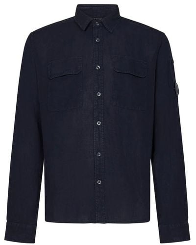 C.P. Company Camicia di lino blu a maniche lunghe con dettaglio lente