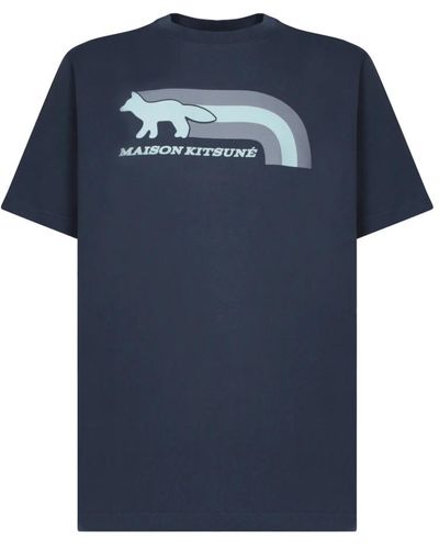 Maison Kitsuné Blauer baumwoll-t-shirt mit frontdruck
