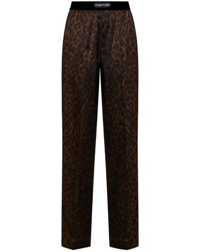 Tom Ford Pantaloni pigiama in seta satinata con stampa leopardo - Marrone