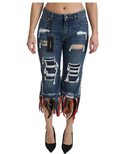 Dolce & Gabbana Feathers low waist cropped cotton jeans - Bleu