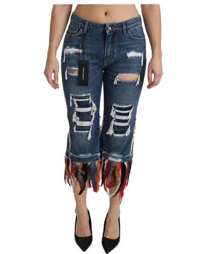 Dolce & Gabbana Feathers low waist cropped cotton jeans - Blu