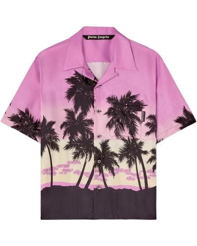 Palm Angels Camicia bowling in seta a maniche corte - stampa grafica tramonto rosa - Viola