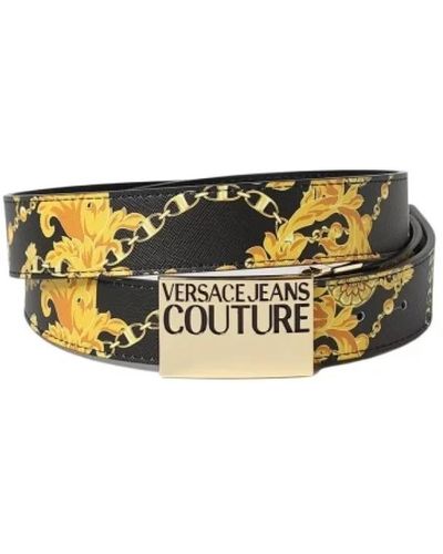 Versace Herren Gürtel aus Gold/Schwarzem Leder mit Logoprint - Weiß
