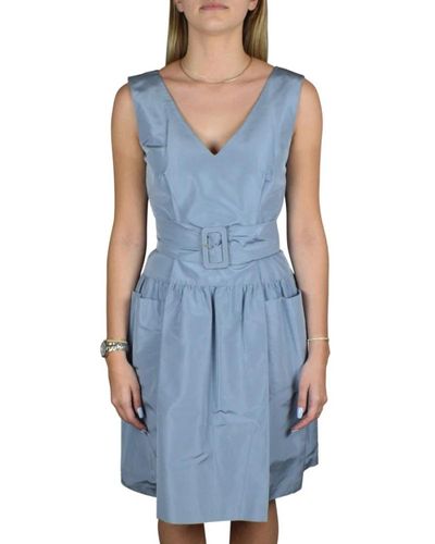 Prada Vestido de fiesta de seda azul con escote corazón y cinturón en la cintura