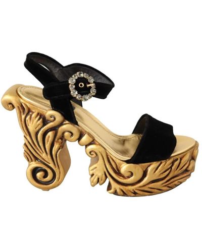 Dolce & Gabbana Black gold baroque velvet heels crystal shoes - Metallizzato