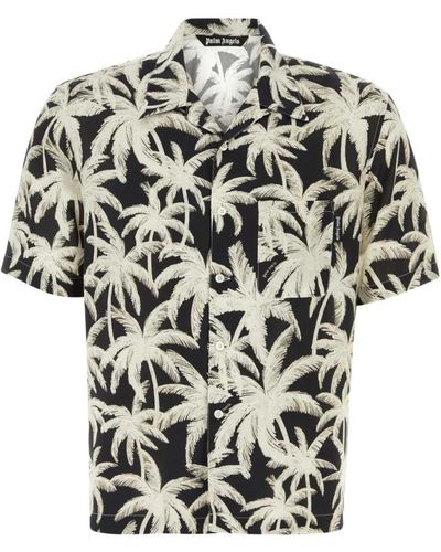 Palm Angels Bedrucktes viskosehemd,schwarzes kurzarmhemd mit palmendruck - Mehrfarbig