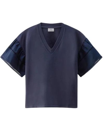 Woolrich Baumwoll-T-Shirt mit Puffärmeln und Seeblick - Blau