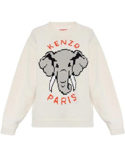 KENZO Jersey de lana con logo y motivo de elefante - Blanco