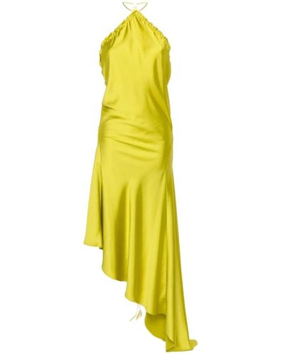 The Attico Vestido amarillo de satén con cuello halter y detalles fruncidos