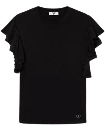 Twin Set Stretch-viskose t-shirt mit metall-logo - Schwarz