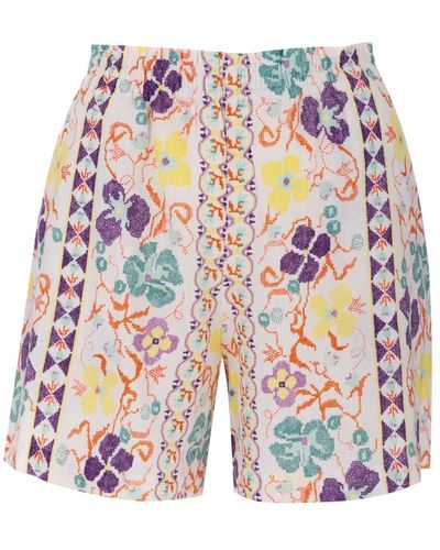 See By Chloé Shorts de lino y algodón con estampado floral y cintura alta - Azul