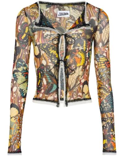 Jean Paul Gaultier Gelber schmetterlingsdruck mesh cardigan pullover - Mehrfarbig