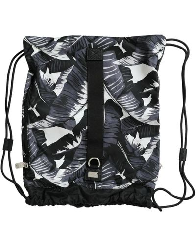 Dolce & Gabbana Black Leaf Print Adjustable Drawstring Nap Sack Bag