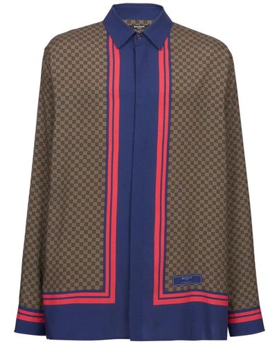 Balmain Camicia a maniche lunghe con stampa mini monogramma foulard - Blu