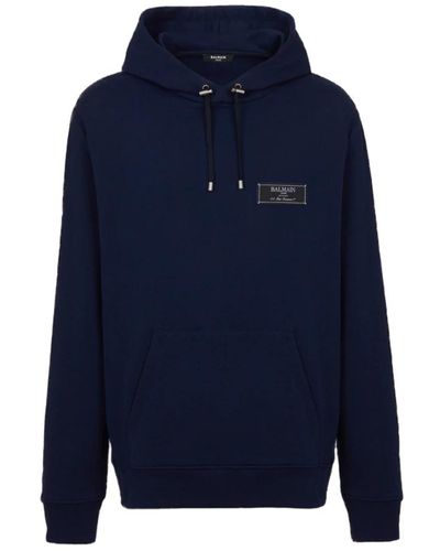 Balmain Logo patch hoodie schwarz baumwolle - Blau
