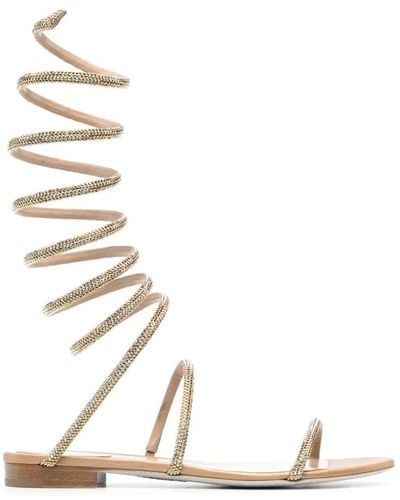 Rene Caovilla Goldene flache sandalen mit kristallen - Natur