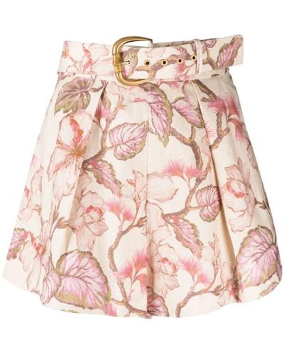 Zimmermann Shorts rosa de lino con estampado floral y cinturón