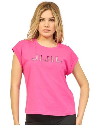 Jijil Camiseta fucsia de algodón con logo de estrás - Rosa