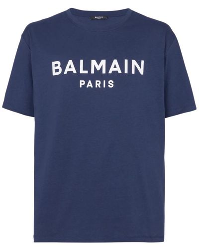 Balmain Es Logo-Print Baumwoll T-Shirt - Blau