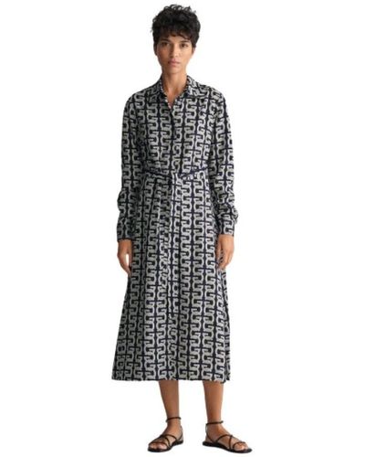 Gant Women Blue Striped Shirt Collar Full Sleeves Dress