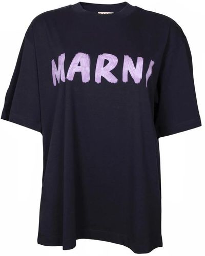 Marni Blau/schwarzes logo baumwoll t-shirt