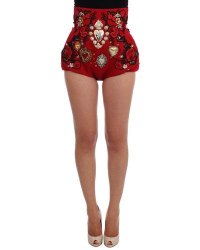 Dolce & Gabbana Rote Seidenshorts mit Kristallrosen