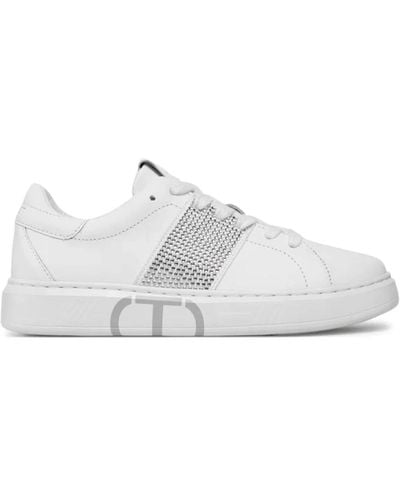 Twin Set Sneakers basse in pelle bianche con dettaglio in strass - Bianco