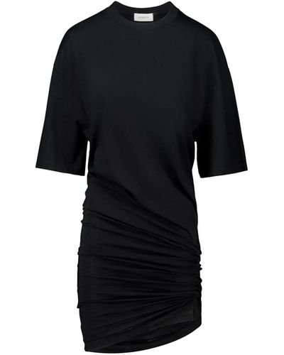 Laneus Vestido negro de algodón con drapeado asimétrico