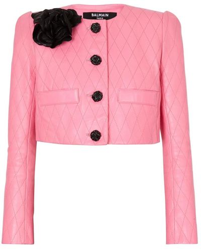 Balmain Kurze Jacke aus gestepptem Leder - Pink