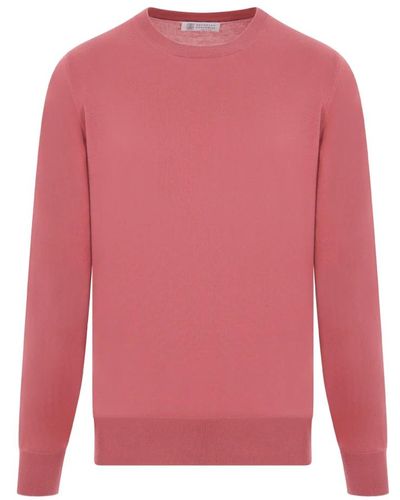 Brunello Cucinelli Roter baumwollpullover mit grauem saum,baumwoll crew-neck sweater mit rüschen - Pink