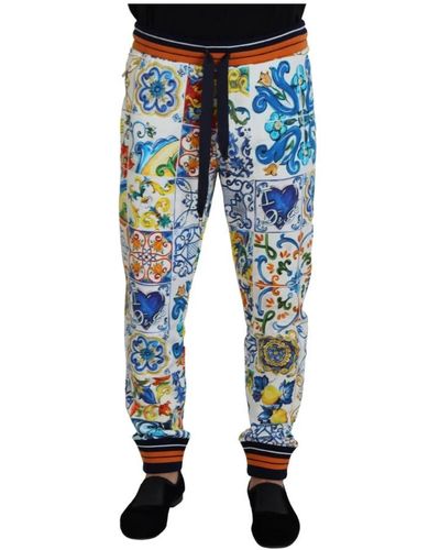 Dolce & Gabbana Majolica Print Cotton Sport Pants - Blue