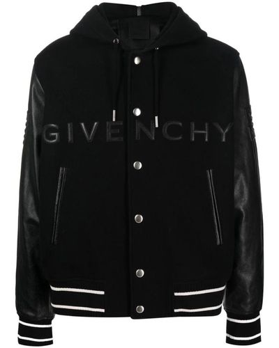Givenchy Schwarze leder-wollmischung logo jacke,schwarze wollkapuzenjacke