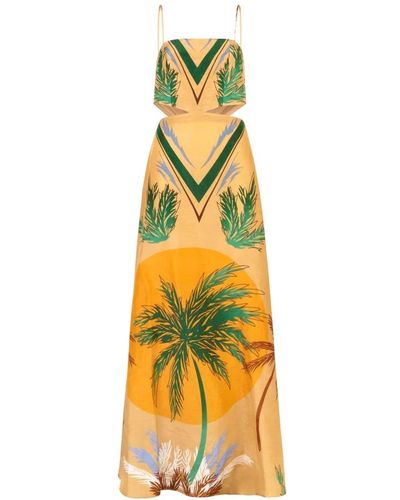 Raquel Diniz Vestido largo de seda con estampado de palmeras bali - Amarillo