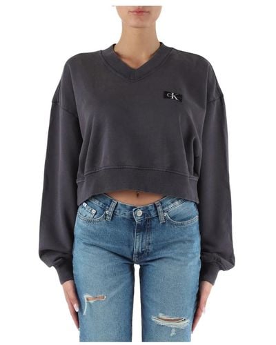 Calvin Klein Baumwoll v-ausschnitt sweatshirt mit logo-patch - Schwarz