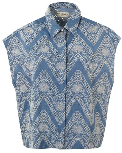Roy Rogers Camisa de denim chambray sin mangas bordado floral - Azul