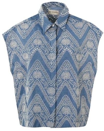Roy Rogers Denim chambray camicia senza maniche ricamo floreale - Blu