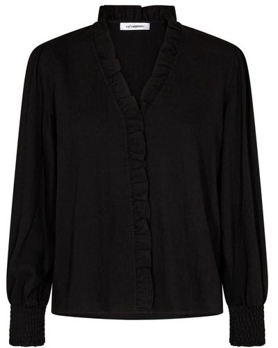 co'couture Blusa femenina con volantes y puños smock - Negro