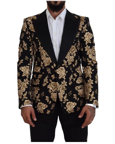 Dolce & Gabbana Giacca blazer nera con ricami floreali in oro - Nero