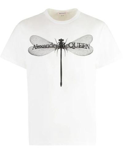 Alexander McQueen Geripptes baumwoll-t-shirt mit frontdruck - Weiß