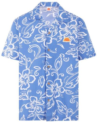 Sundek Golden wave hibiscus print camicia bowling - Blu